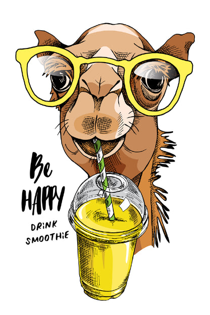 Happy Camel Yellow Glasses Smoothie 60x90cm Metal Print Ready to Hang