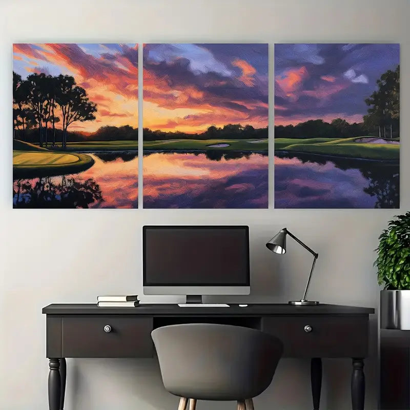 3pcs Vibrant Sunset Golf Course Painting Metal Print Ready to Hang Art