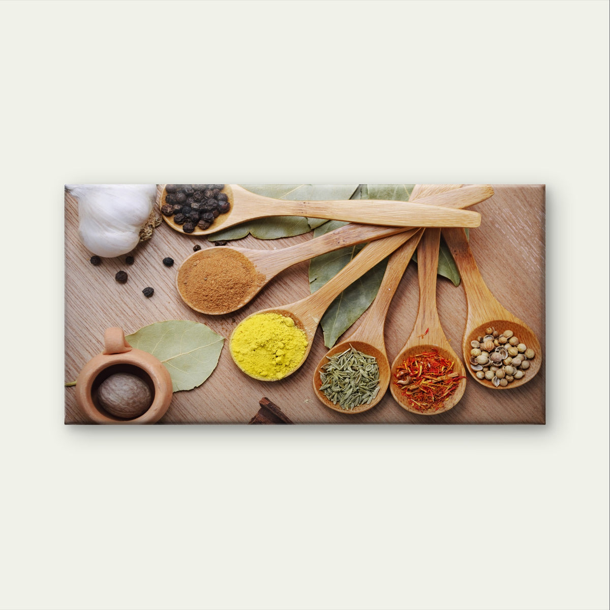 Kitchen Cooking Spices Herbs Wooden Spoon Culinary Wall Art Canvas Office Home Framed 120x60cm