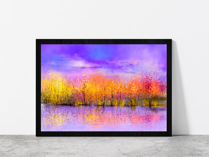 Colorful Autumn Forest, Trees With Yellow, Red Leaf & Lake Glass Framed Wall Art, Ready to Hang Quality Print Without White Border Black