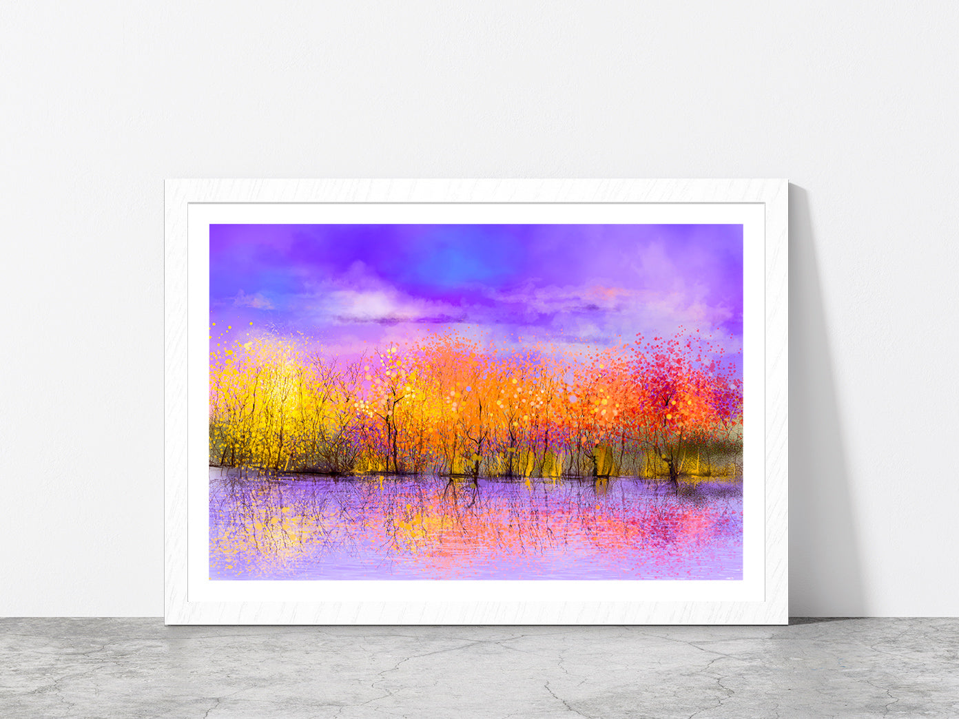 Colorful Autumn Forest, Trees With Yellow, Red Leaf & Lake Glass Framed Wall Art, Ready to Hang Quality Print With White Border White