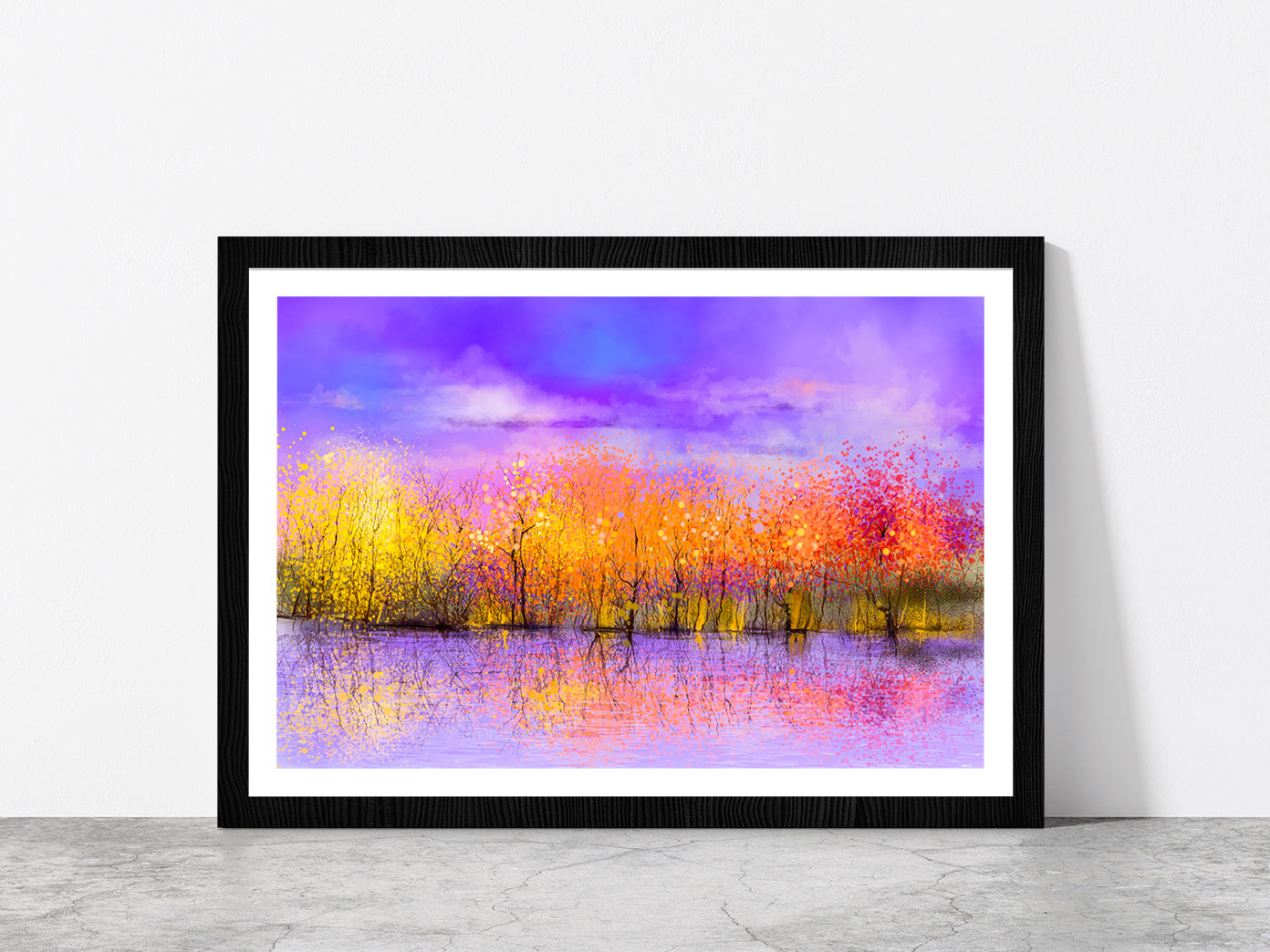 Colorful Autumn Forest, Trees With Yellow, Red Leaf & Lake Glass Framed Wall Art, Ready to Hang Quality Print With White Border Black