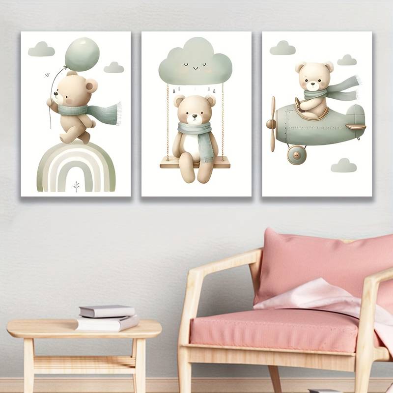 3pcs Charming Cloud Swing an Adorable Bear Framed 50x70cm - High Quality Print 100% Australian Made Wall Canvas Ready to Hang