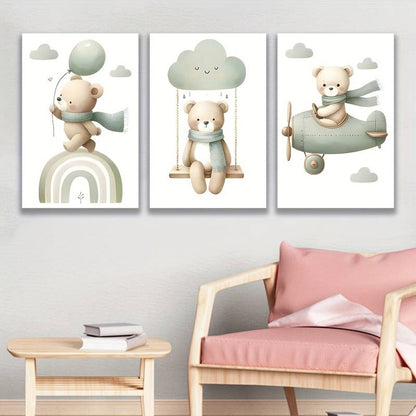3pcs Charming Cloud Swing an Adorable Bear Framed 50x70cm - High Quality Print 100% Australian Made Wall Canvas Ready to Hang