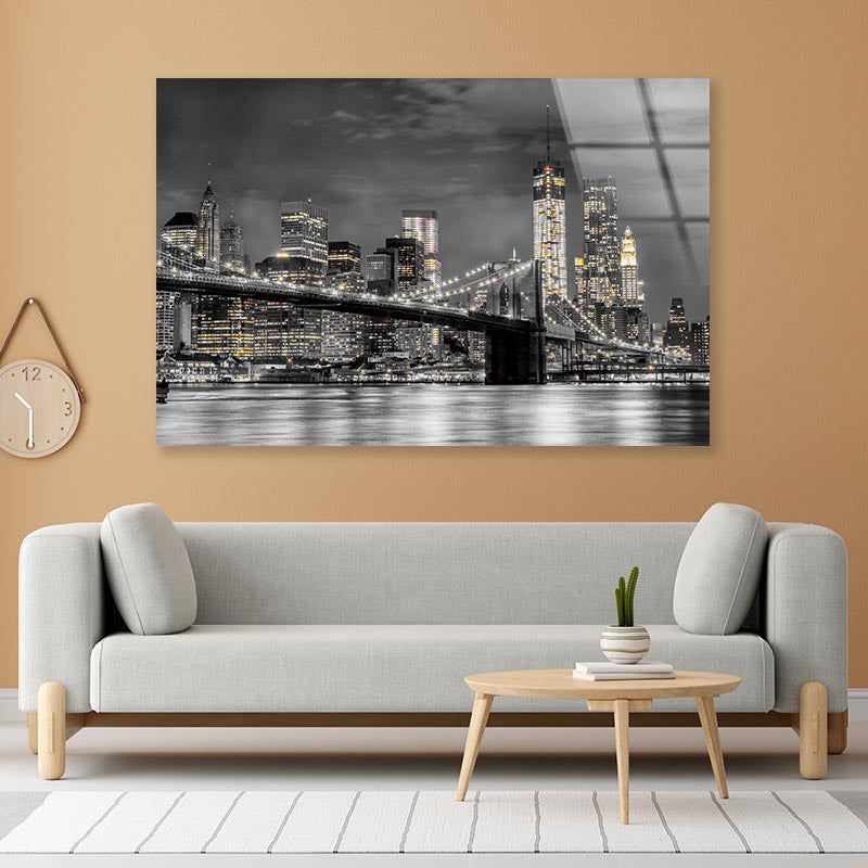 B&W Night City With Lights Acrylic Glass Print Tempered Glass Wall Art 100% Made in Australia Ready to Hang