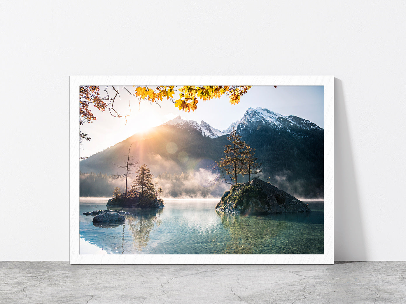 Islands At Hintersee Foggy Day Glass Framed Wall Art, Ready to Hang Quality Print Without White Border White