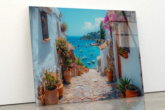 Stone Path with Potted Plants in Spain Acrylic Glass Print Tempered Glass Wall Art 100% Made in Australia Ready to Hang