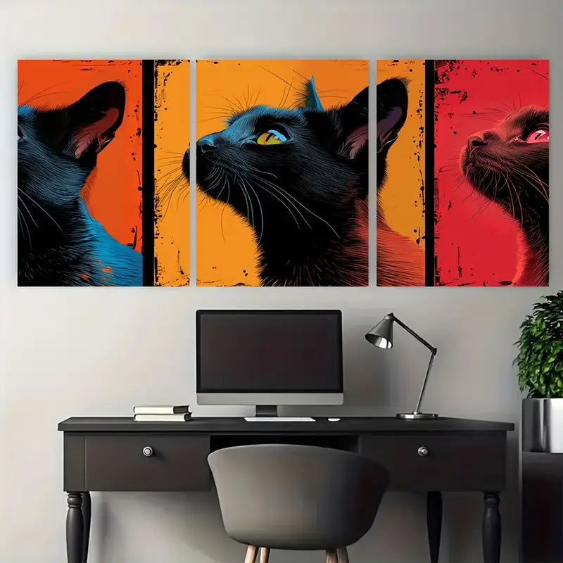 3pcs Black Cat Vibrant Comic Style Metal Print Ready to Hang Art