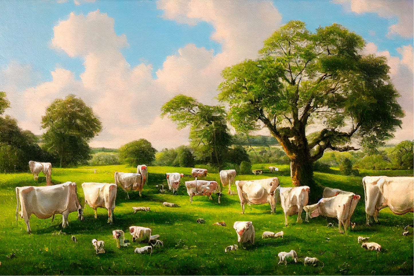 Countryside In Summer With Dairy Cows Eating In The Shade Of A Tree Glass Framed Wall Art, Ready to Hang Quality Print