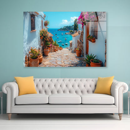 Stone Path with Potted Plants in Spain Acrylic Glass Print Tempered Glass Wall Art 100% Made in Australia Ready to Hang