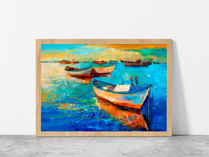 Boats On Sea & Sunset Over The Sea Painting Glass Framed Wall Art, Ready to Hang Quality Print Without White Border Oak