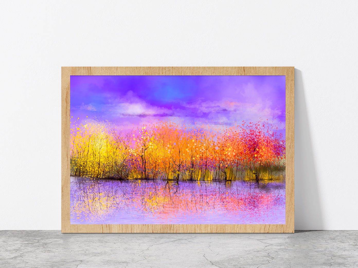 Colorful Autumn Forest, Trees With Yellow, Red Leaf & Lake Glass Framed Wall Art, Ready to Hang Quality Print Without White Border Oak