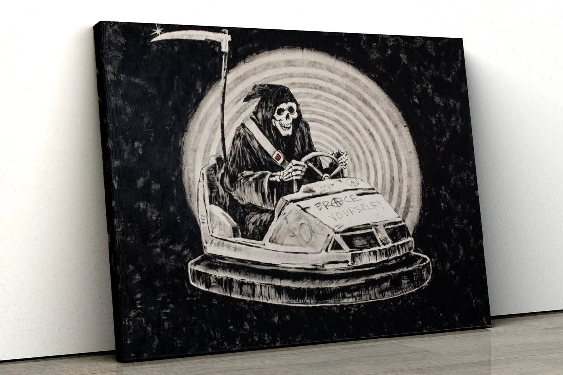 Banksy Brace Yourself Grim Reaper on Bumper Car UV Direct Aluminum Print Australian Made Quality