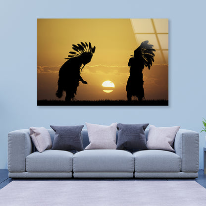 Native American Tribe with Sunset Acrylic Glass Print Tempered Glass Wall Art 100% Made in Australia Ready to Hang