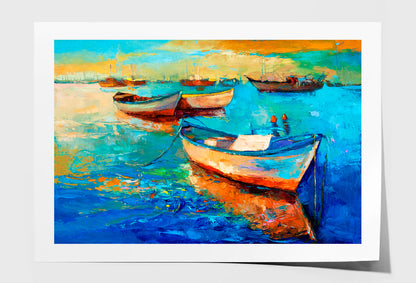 Boats On Sea & Sunset Over The Sea Painting Wall Art Limited Edition High Quality Print Unframed Roll Canvas None