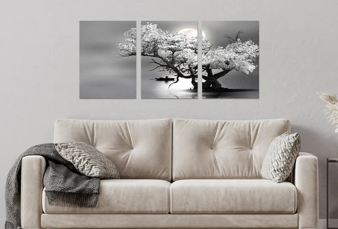 3pcs Black and White Tree Lake Moon Reflection Wall Art Set Canvas Unframed - High Quality Print 100% Australian Made Wall Canvas