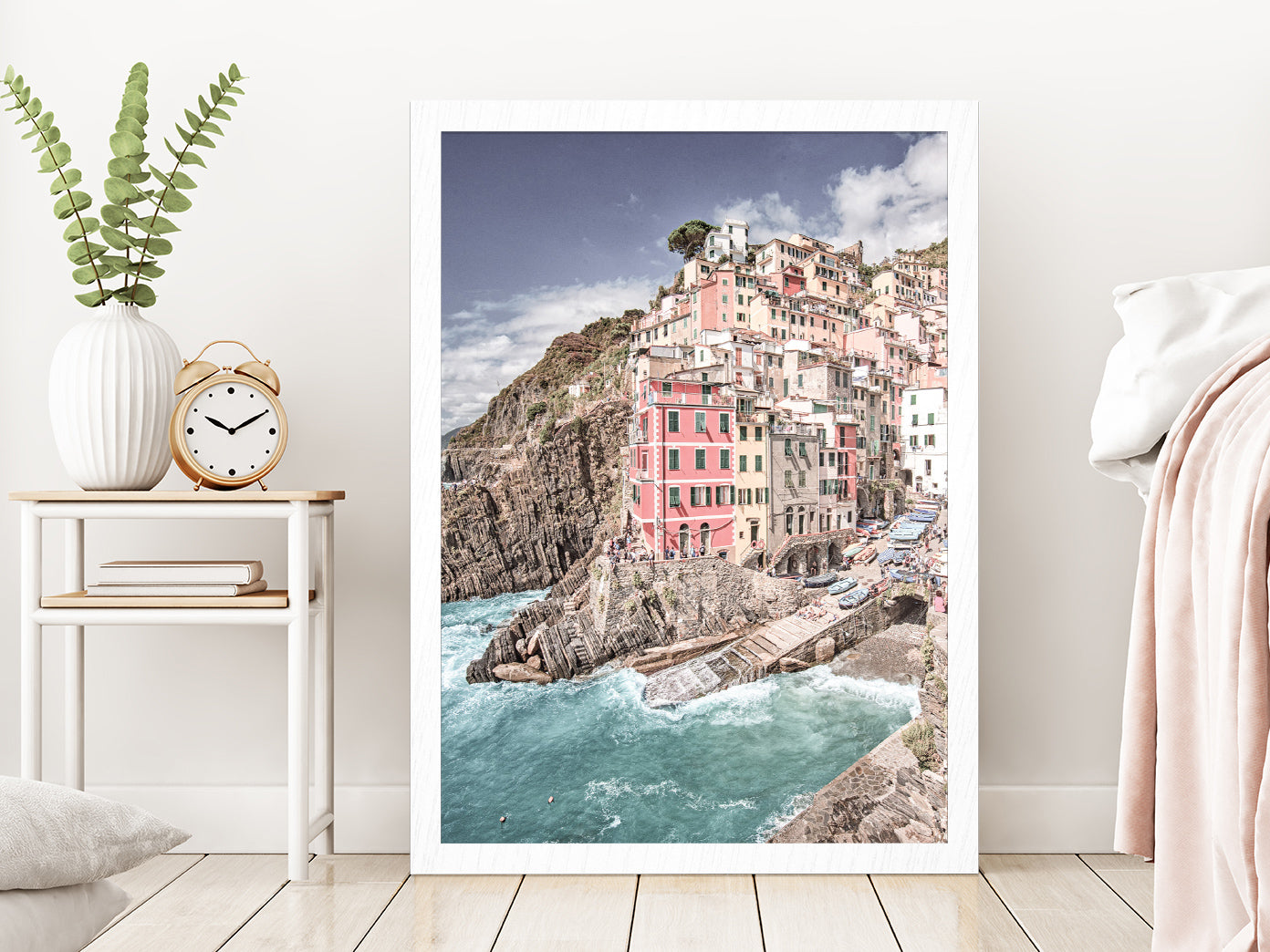 Cinque Terre City & Coastal View Photograph Glass Framed Wall Art, Ready to Hang Quality Print Without White Border White