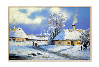 Old Village Houses & Church in Winter Oil Painting Wall Art Limited Edition High Quality Print Canvas Box Framed Natural