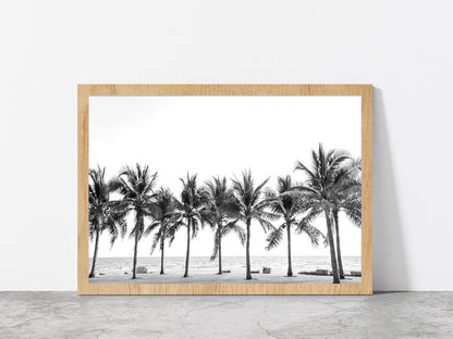 B&W Palm Trees near Beach Photograph Glass Framed Wall Art, Ready to Hang Quality Print Without White Border Oak