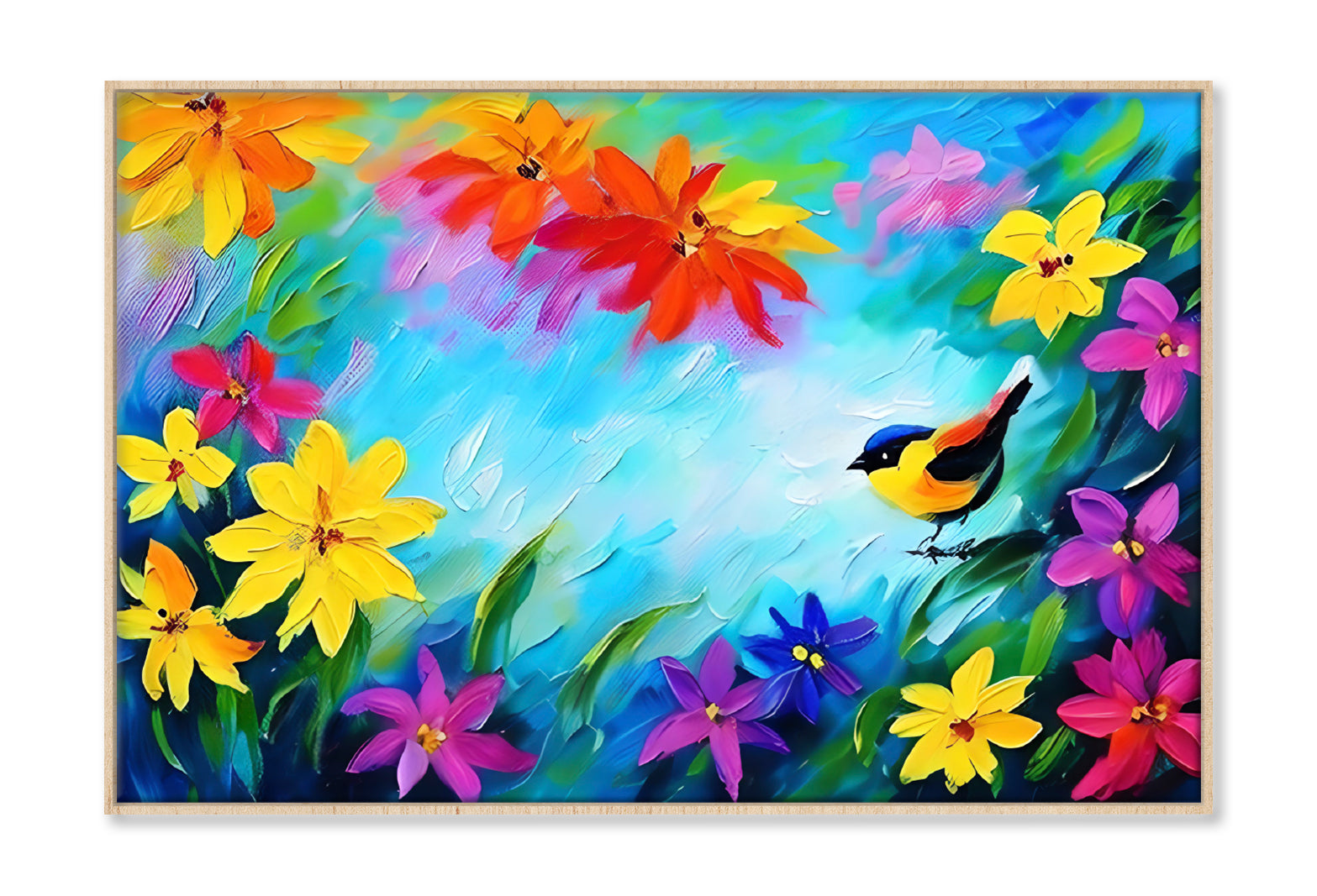 Bird & Spring Colorful Flowers Oil Painting Wall Art Limited Edition High Quality Print Canvas Box Framed Natural