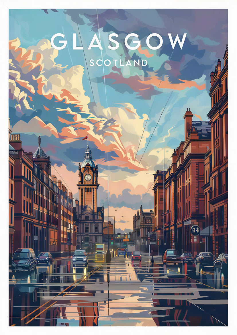 Glasgow Scotland Cityscape Sunset Street with Historic Buildings Travel Poster Print Wall Art