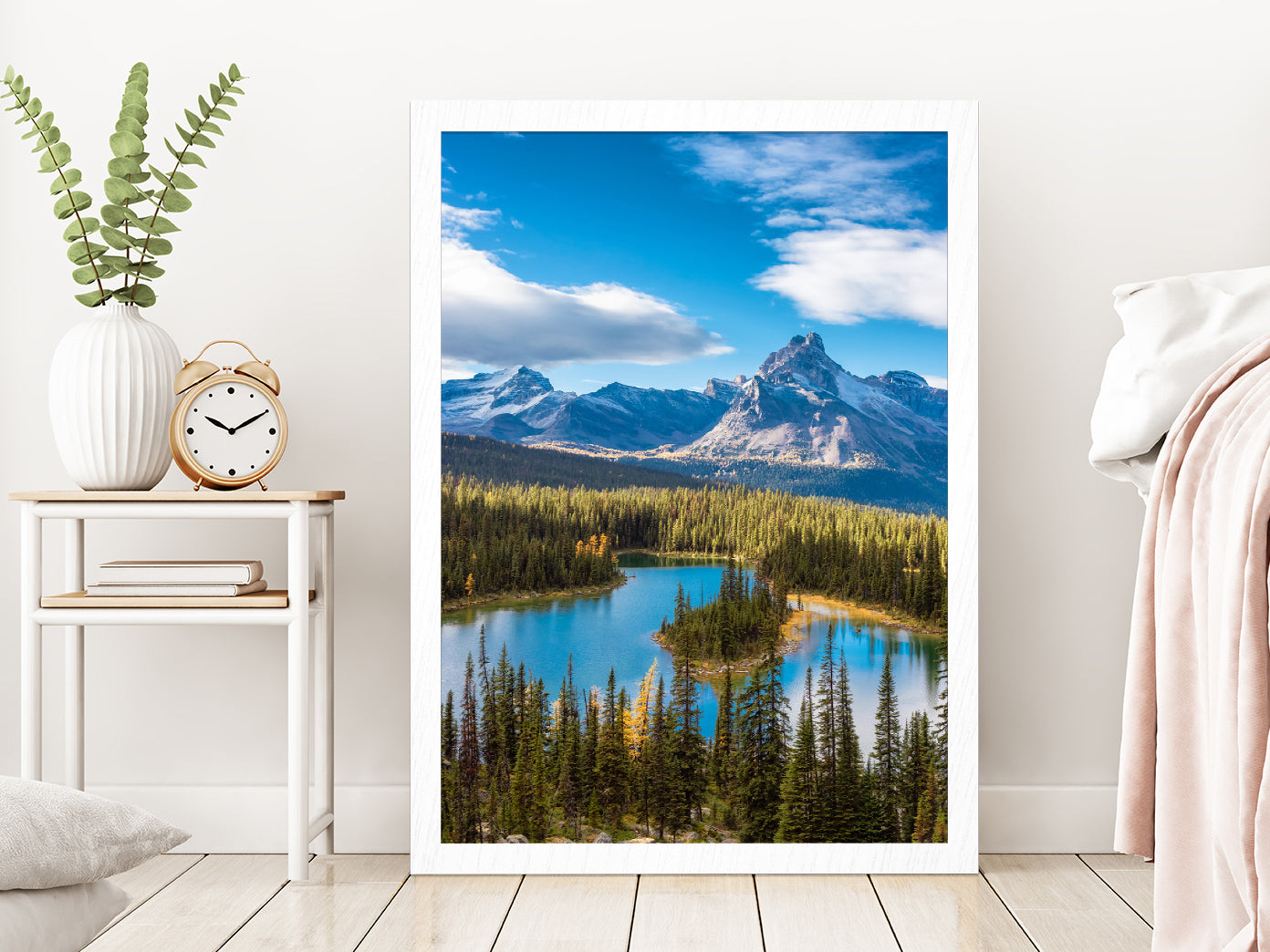 Glacier Lake & Canadian Mountains Glass Framed Wall Art, Ready to Hang Quality Print Without White Border White