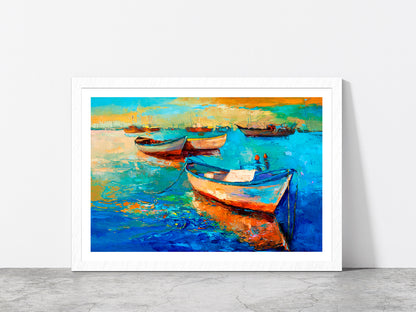 Boats On Sea & Sunset Over The Sea Painting Glass Framed Wall Art, Ready to Hang Quality Print With White Border White