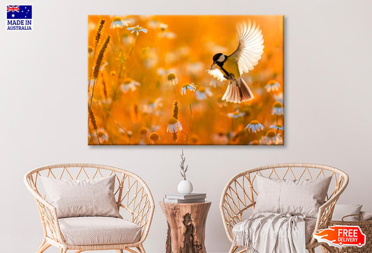 Little Bird Yellow Tit Flies Over a Field  Wall Art Decor 100% Australian Made