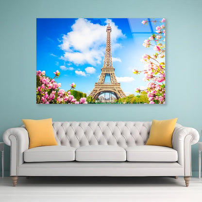 Eiffel Tower In Paris with Pink Flowers Acrylic Glass Print Tempered Glass Wall Art 100% Made in Australia Ready to Hang