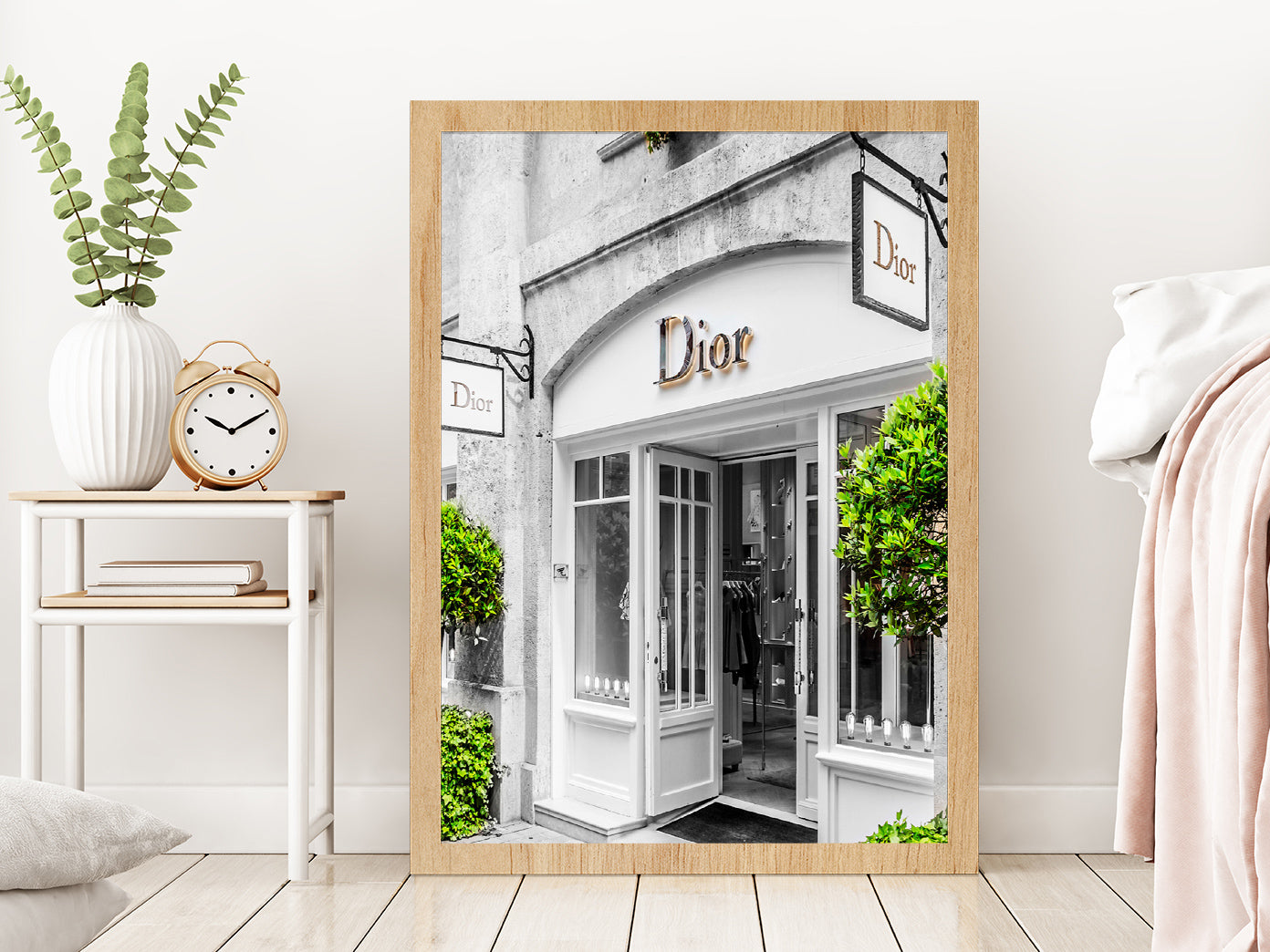 Fashion Store Front & Trees View Photograph Glass Framed Wall Art, Ready to Hang Quality Print Without White Border Oak