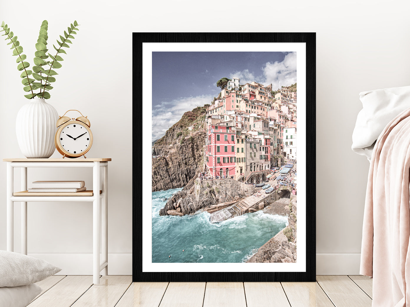 Cinque Terre City & Coastal View Photograph Glass Framed Wall Art, Ready to Hang Quality Print With White Border Black