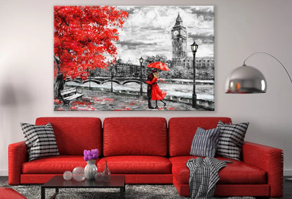 Couple Near Big Ben , Red Floral Painting 90x60cm Print 100% Australian Made