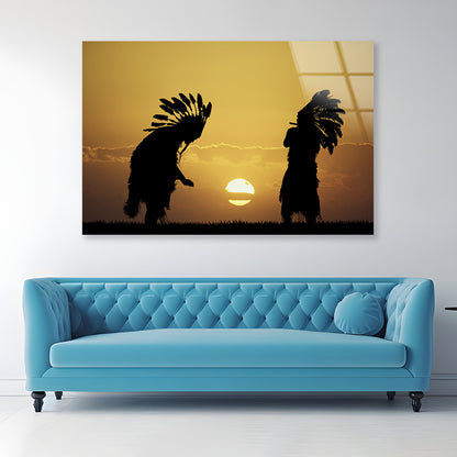 Native American Tribe with Sunset Acrylic Glass Print Tempered Glass Wall Art 100% Made in Australia Ready to Hang