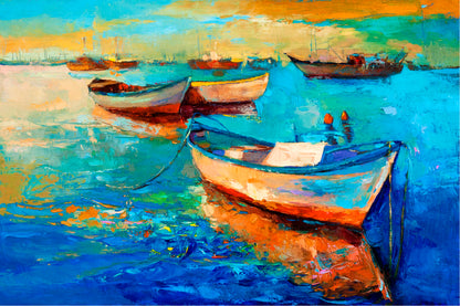 Boats On Sea & Sunset Over The Sea Painting Glass Framed Wall Art, Ready to Hang Quality Print