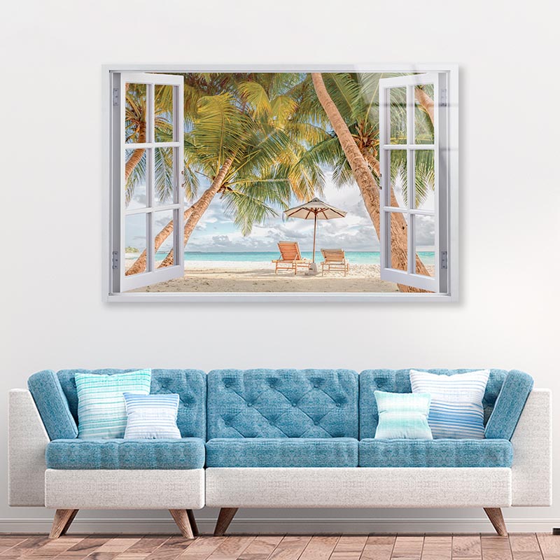 Beach Scenery, Palms and Sun Beds Acrylic Glass Print Tempered Glass Wall Art 100% Made in Australia Ready to Hang