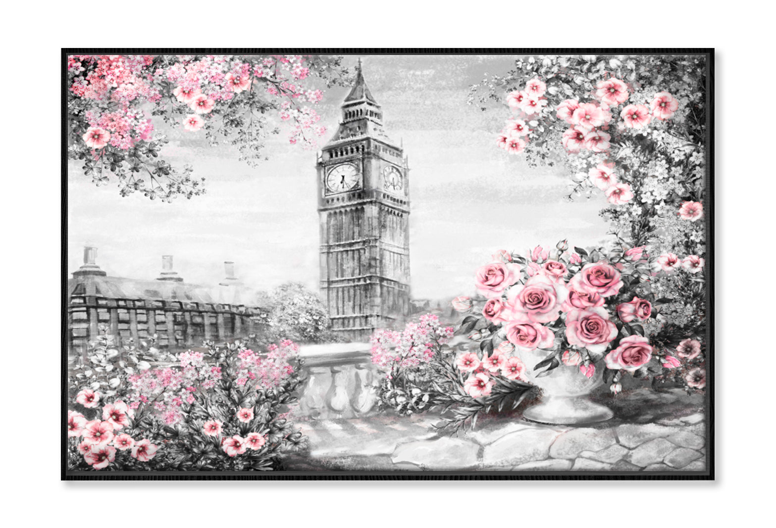 Summer In London, Gentle City Oil Painting Wall Art Limited Edition High Quality Print Canvas Box Framed Black