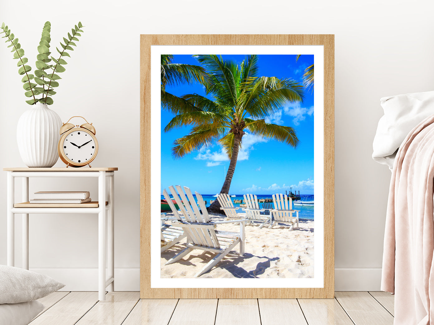 Palm Tree & Beach Chairs on Saona Island View Glass Framed Wall Art, Ready to Hang Quality Print With White Border Oak