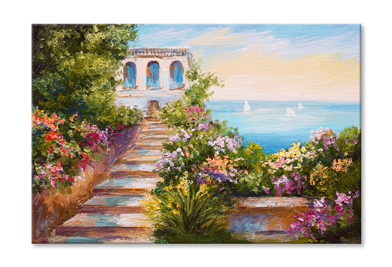 House near the Sea & Colorful Flowers Oil Painting Wall Art Limited Edition High Quality Print Stretched Canvas None