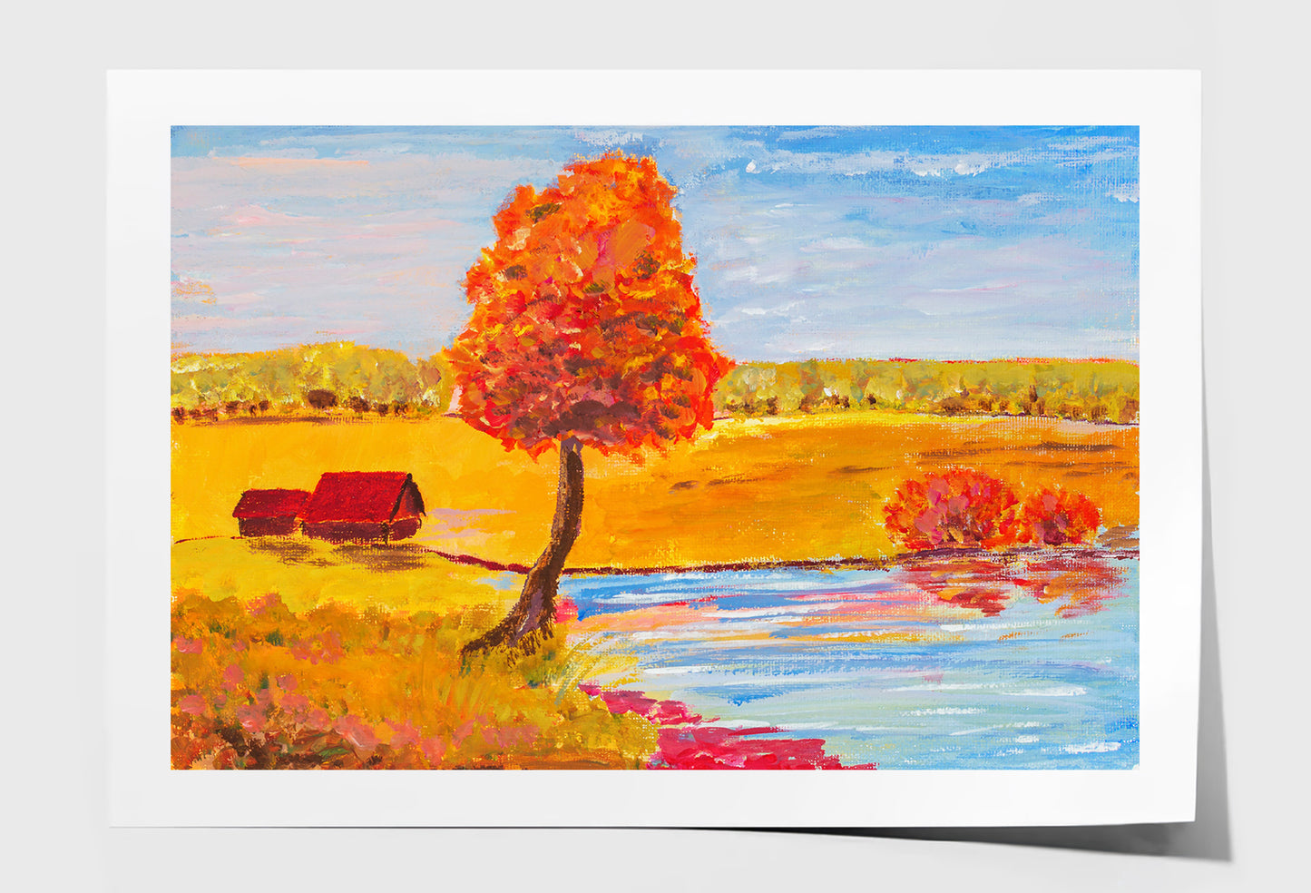 Village Houses & Tree with River Oil Painting Wall Art Limited Edition High Quality Print Unframed Roll Canvas None