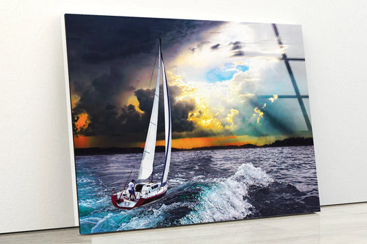 Boat on Sea Cloudy Sky UV Direct Aluminum Print Australian Made Quality