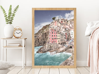 Cinque Terre City & Coastal View Photograph Glass Framed Wall Art, Ready to Hang Quality Print Without White Border Oak