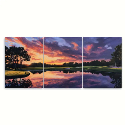 3pcs Vibrant Sunset Golf Course Painting Metal Print Ready to Hang Art