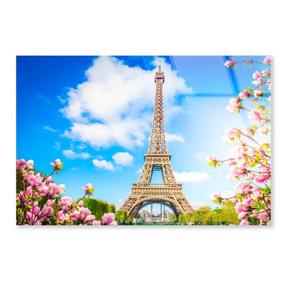 Eiffel Tower In Paris with Pink Flowers Acrylic Glass Print Tempered Glass Wall Art 100% Made in Australia Ready to Hang