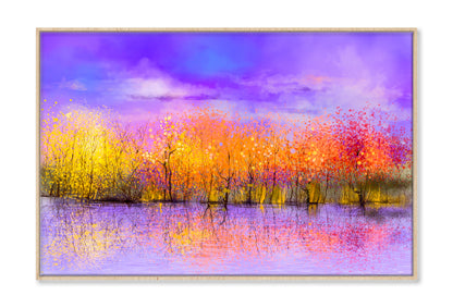 Colorful Autumn Forest, Trees With Yellow, Red Leaf & Lake Oil Painting Wall Art Limited Edition High Quality Print Canvas Box Framed Natural