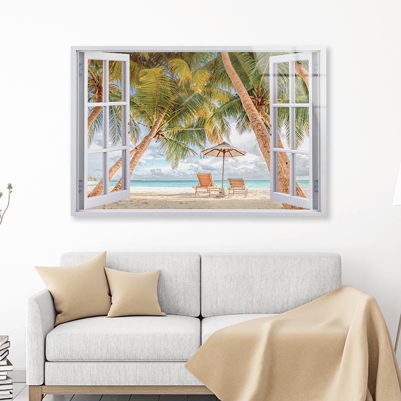 Beach Scenery, Palms and Sun Beds Acrylic Glass Print Tempered Glass Wall Art 100% Made in Australia Ready to Hang