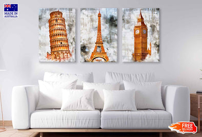 3 Set of Watercolor Clock Tower High Quality Print 100% Australian Made Wall Canvas Ready to Hang