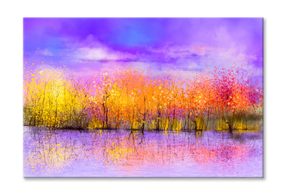 Colorful Autumn Forest, Trees With Yellow, Red Leaf & Lake Oil Painting Wall Art Limited Edition High Quality Print Stretched Canvas None