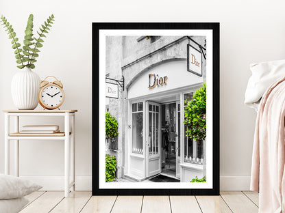 Fashion Store Front & Trees View Photograph Glass Framed Wall Art, Ready to Hang Quality Print With White Border Black