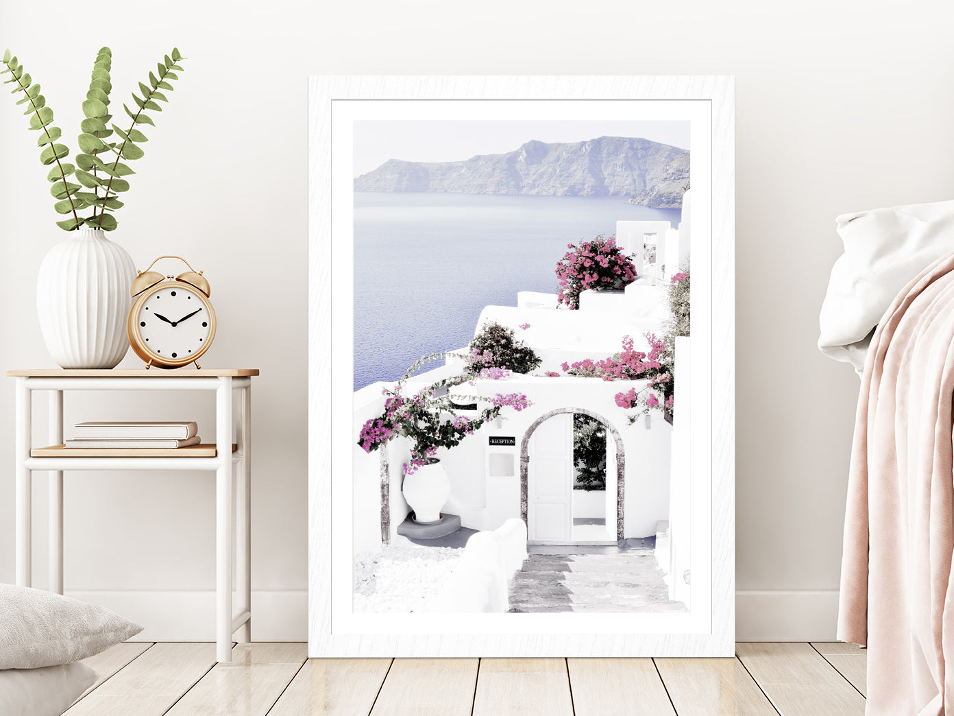 Houses & Flower Trees near Sea Photograph Glass Framed Wall Art, Ready to Hang Quality Print With White Border White