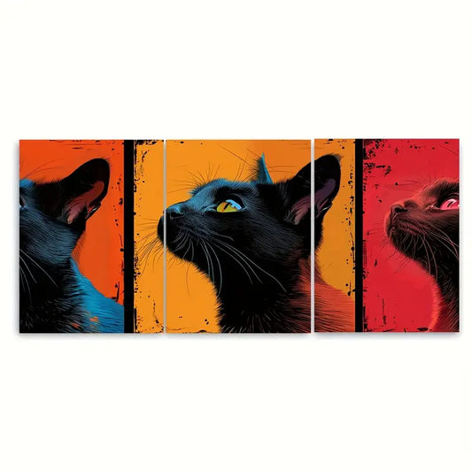 3pcs Black Cat Vibrant Comic Style Metal Print Ready to Hang Art